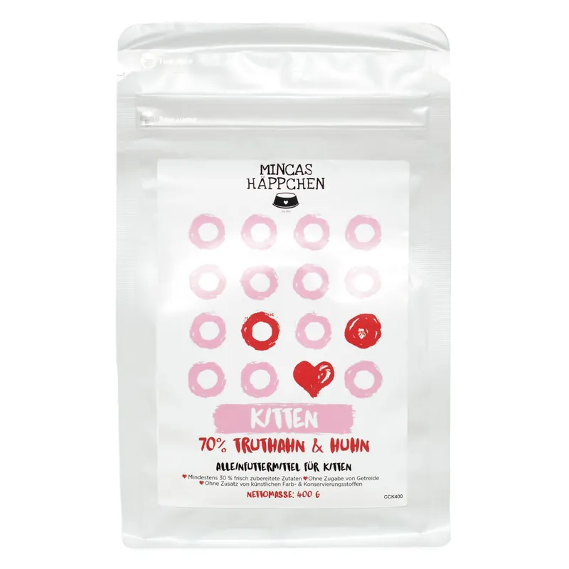Knallerangebot Sparpaket 2 x 400 g Mincas Häppchen Kitten 70 % Truthahn & Huhn Katzen Trockenfutter